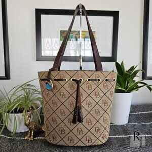 Dooney & Bourke Small Tassel Bucket Bag – Tan DB Monogram – Made in USA